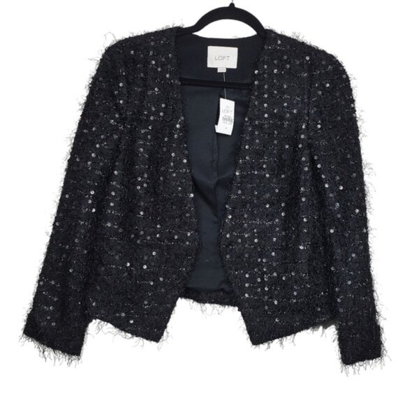 Loft Womens Black Fringe Sequin Open Front Blazer Jacket Size 4 NWT - Picture 2 of 6